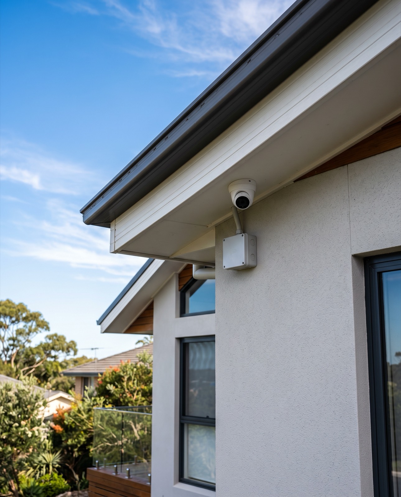 A security camera mounted under the eave of a home
