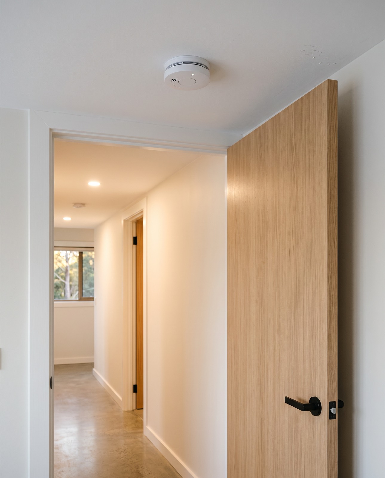 A hardwired photoelectric smoke alarm on a hallway ceiling