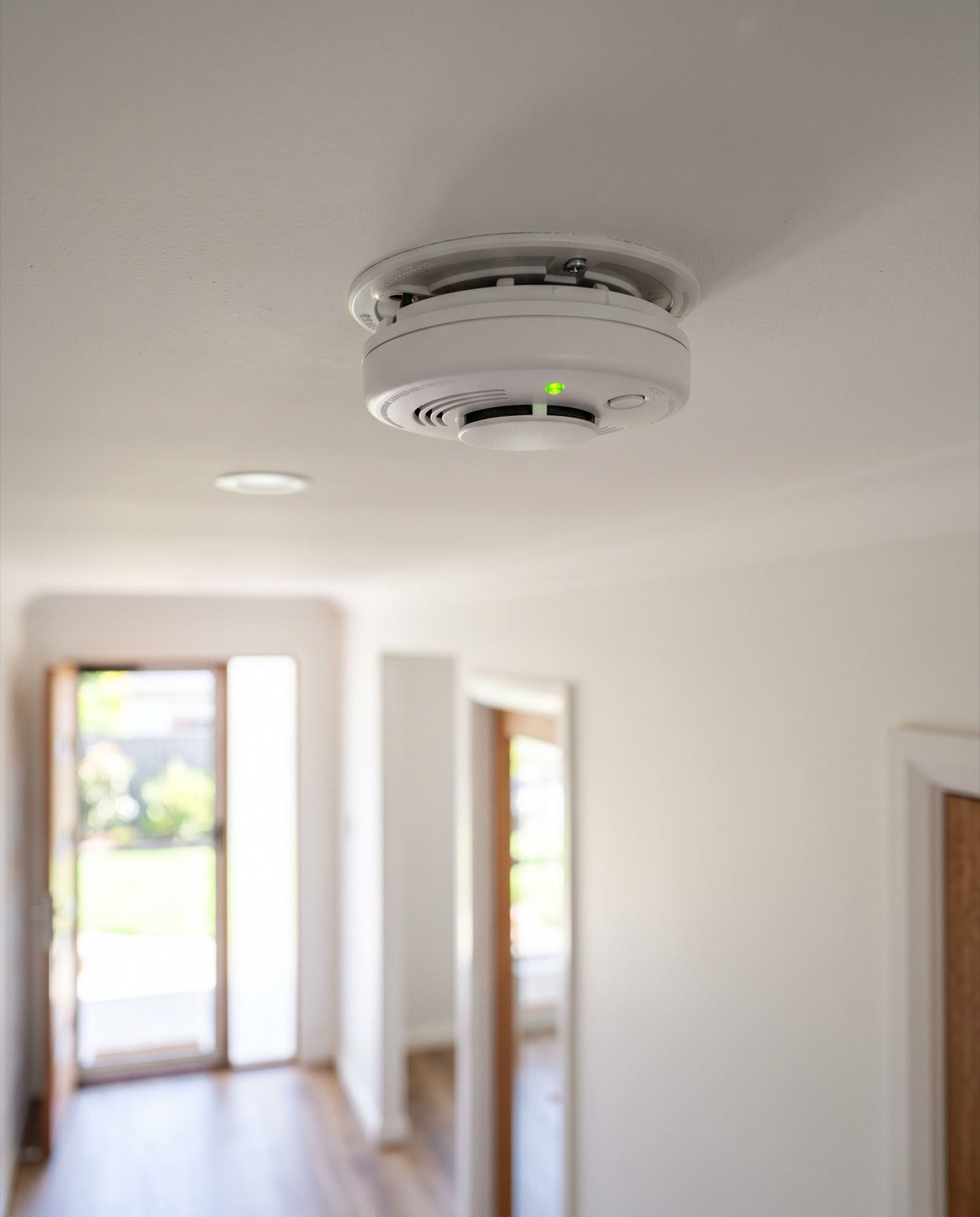 A hardwired photoelectric smoke alarm on a hallway ceiling
