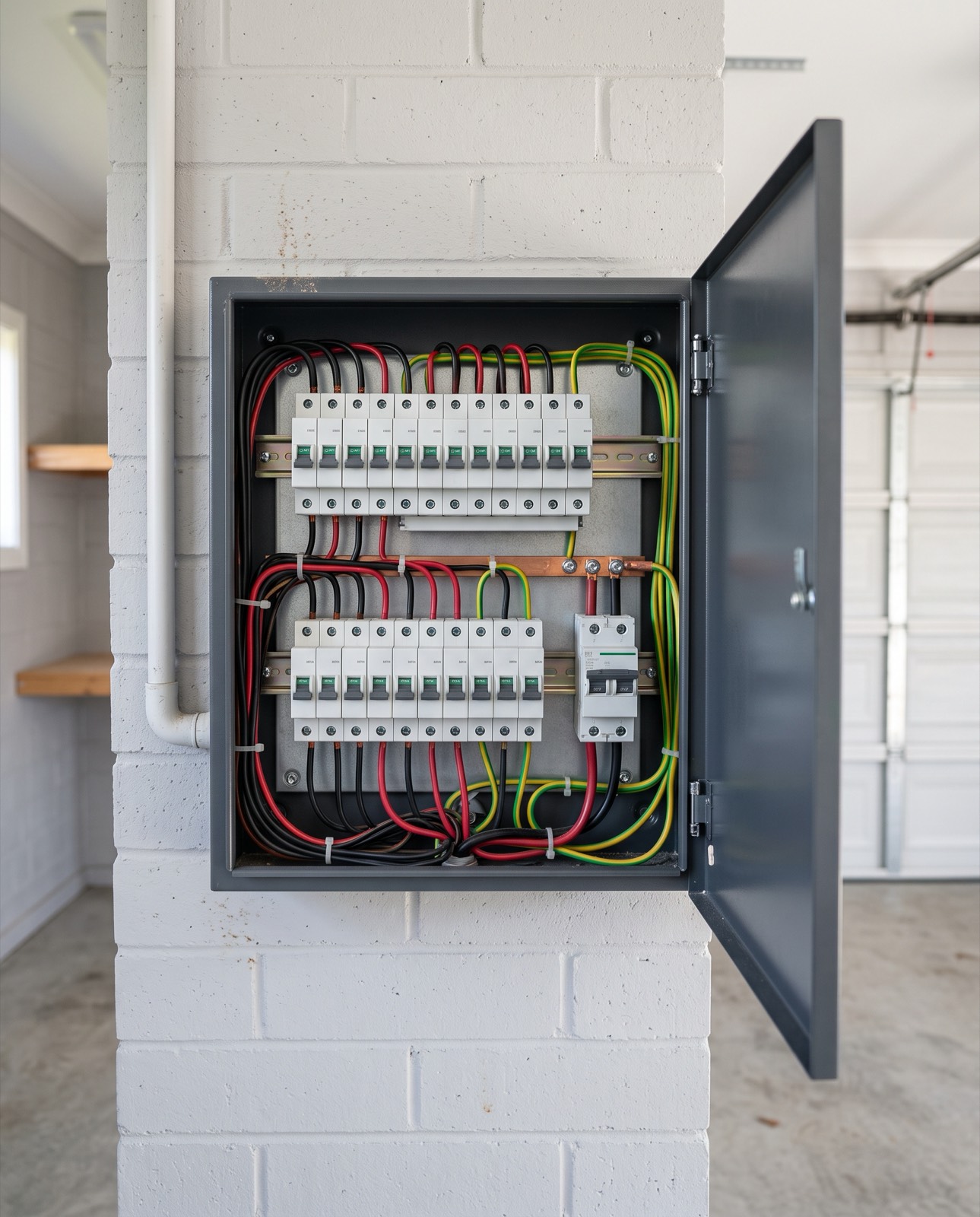 A modern switchboard with a row of RCBO safety switches