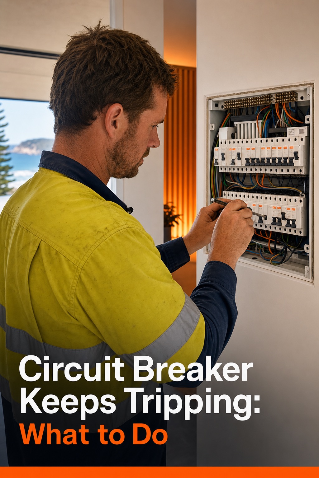 A licensed electrician in a hi-vis shirt inspecting an open residential switchboard mounted on a wall, with orange brand-colour accent lighting in the background, photorealistic style. Alt: licensed electrician inspecting switchboard on the Central Coast