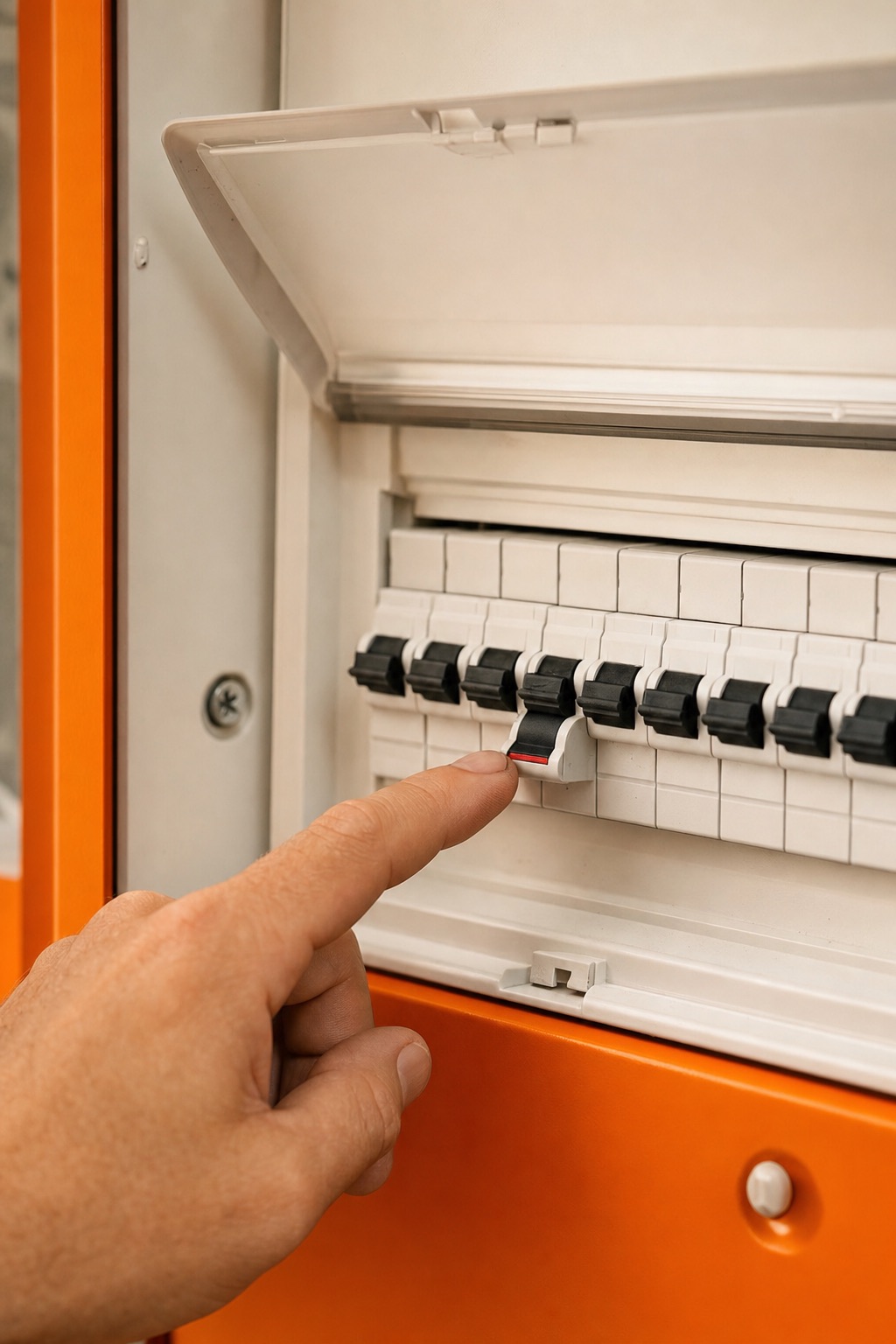 Close-up of a residential switchboard with a tripped circuit breaker toggle in the off position, warm photorealistic lighting, orange accent colour on surrounding panel, no readable text or phone numbers visible. Alt: tripped circuit breaker in switchboard requiring licensed electrician inspection
