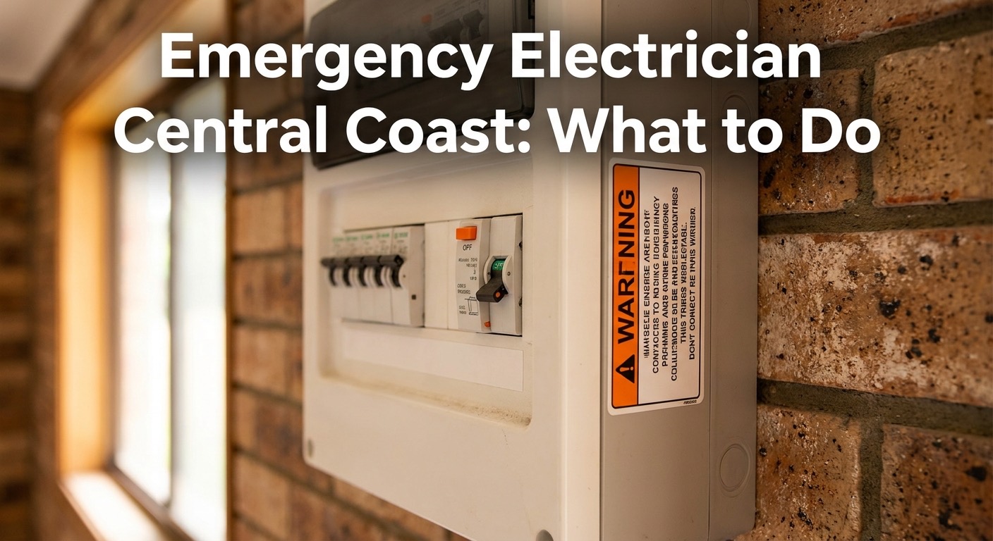 A residential Australian switchboard panel mounted on a brick wall inside a single-storey home, close-up showing circuit breakers with one in the tripped position, natural indoor lighting with a warm tone, brand colour orange accent on a safety warning sticker, no faces or phone numbers visible. Alt: emergency electrician Central Coast inspecting a tripped switchboard.