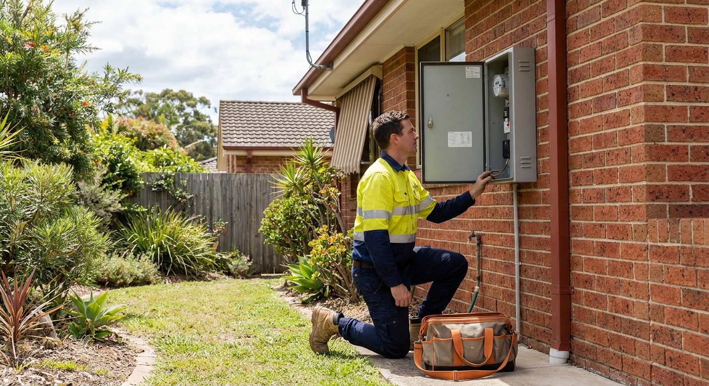 A licensed electrician in work gear inspecting an outdoor meter box on a single-storey brick Australian home, natural daylight, no faces visible, orange brand colour accent visible on the tool bag, established suburban garden in background, Central Coast residential aesthetic. Alt: Fusion Projects Level 2 electrician attending an emergency callout on the Central Coast.
