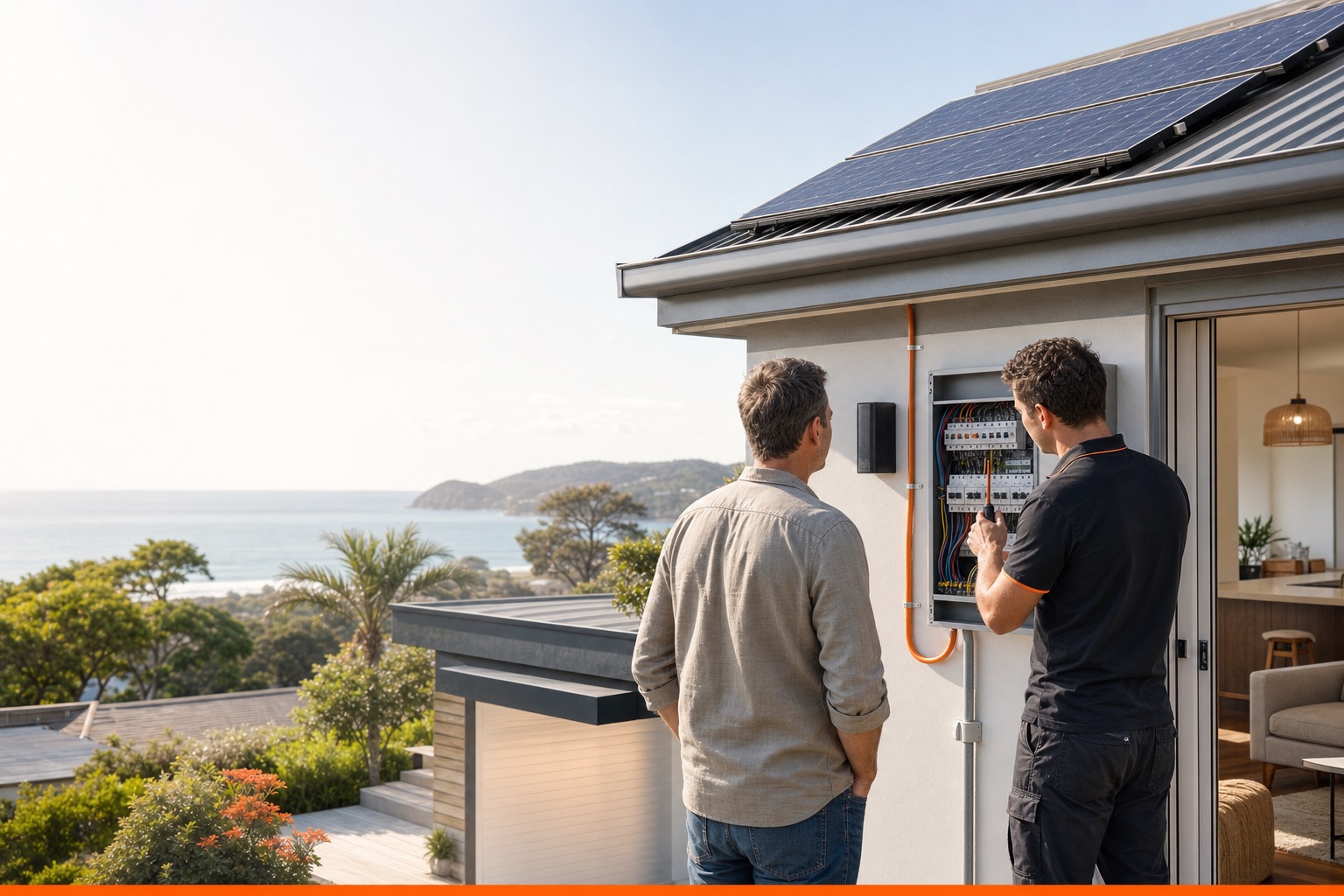 Central Coast homeowner assessing solar panel installation needs with an electrician