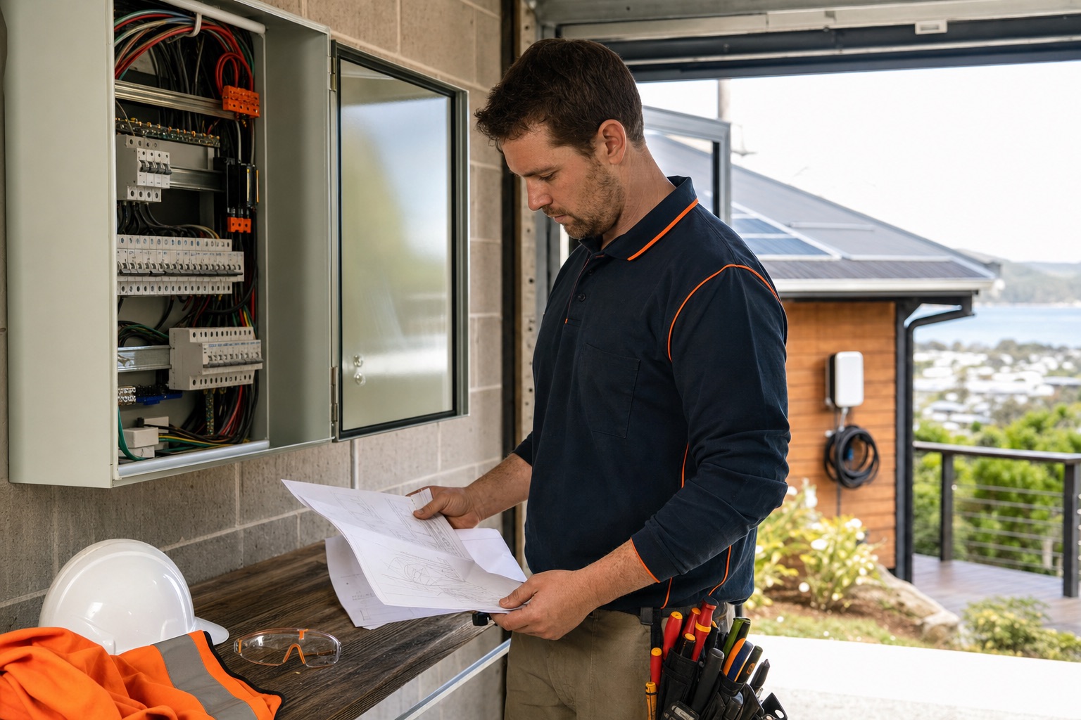 Licensed electrician checking solar accreditation and electrical safety documents